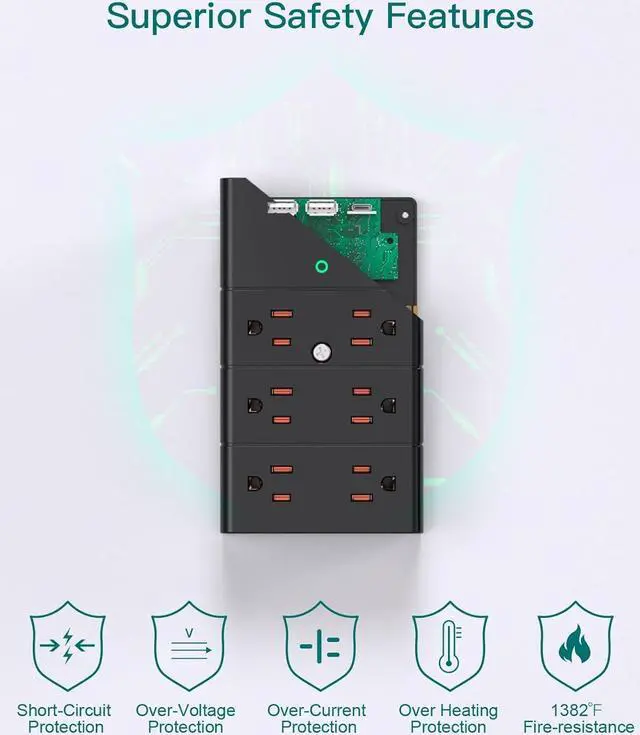 Alt view image 5 of 7 - Multi Plug Outlet - Addtam Surge Protector Wall Mount with 12 Outlet Extender- 3 Sides and 3 USB Ports (1 USB-C), Outlet Splitter Power Strip for Home, Office, Hotel, Black