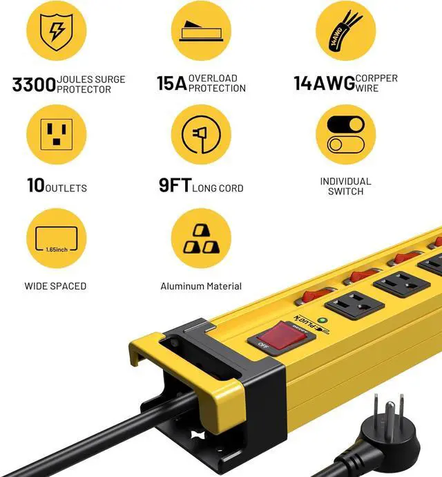 Alt view image 5 of 6 - Plug'n 10 Outlet 3300J Surge Protector Power Strip with Individual Switches, Heavy Duty Power Strip with Cord Manager, 3FT/14AWG/15AMP/1875W Power Cord for Workshop, Garage, Shop, 2 Pack