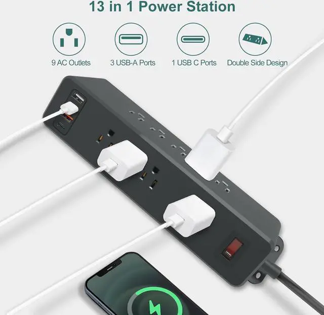 Alt view image 2 of 7 - 9 Outlets Wall Mount Power Strip with USB C HdcTek Double Side Outlet Extender Fast Charge USB-A Ports & 1 PD USB-C Port Flat Plug Mountable Desk Charging Station for Office Home Dorm (Black)