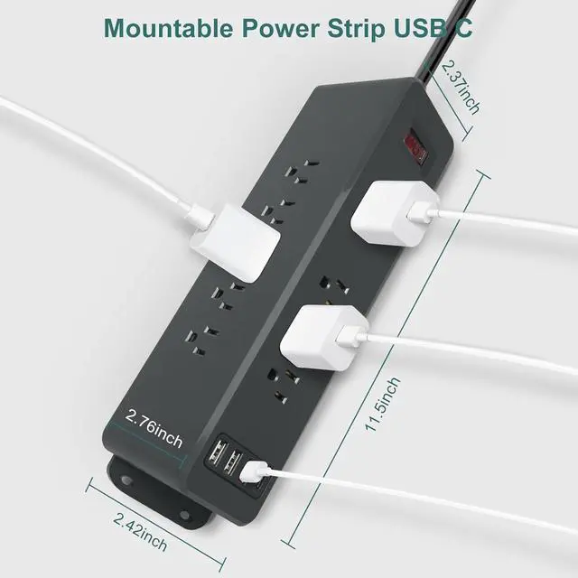 Alt view image 3 of 7 - 9 Outlets Wall Mount Power Strip with USB C HdcTek Double Side Outlet Extender Fast Charge USB-A Ports & 1 PD USB-C Port Flat Plug Mountable Desk Charging Station for Office Home Dorm (Black)