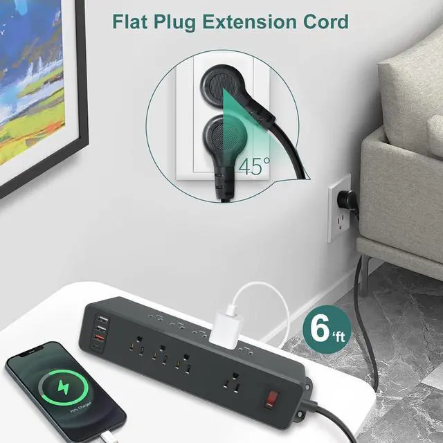 Alt view image 5 of 7 - 9 Outlets Wall Mount Power Strip with USB C HdcTek Double Side Outlet Extender Fast Charge USB-A Ports & 1 PD USB-C Port Flat Plug Mountable Desk Charging Station for Office Home Dorm (Black)
