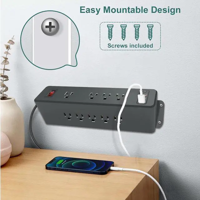 Alt view image 6 of 7 - 9 Outlets Wall Mount Power Strip with USB C HdcTek Double Side Outlet Extender Fast Charge USB-A Ports & 1 PD USB-C Port Flat Plug Mountable Desk Charging Station for Office Home Dorm (Black)