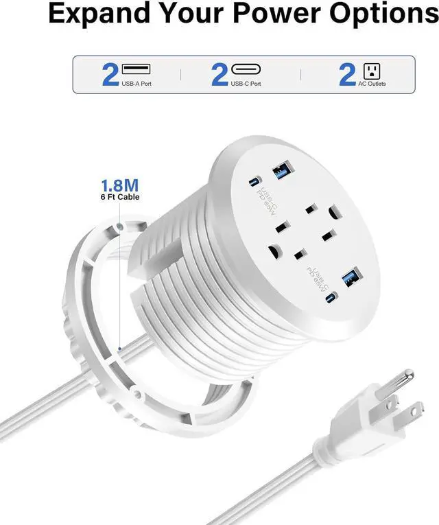 Alt view image 4 of 7 - Desktop Power Grommet, 65W USB C Fast Charging Port, Flush Mount Recessed Power Strip 3-inch Hole,2 Outlets,4 USB Ports, Countertop Outlet (White, 65W USB Port)