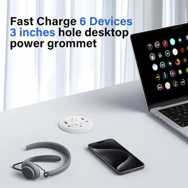 Alt view image 3 of 7 - Desktop Power Grommet, 65W USB C Fast Charging Port, Flush Mount Recessed Power Strip 3-inch Hole,2 Outlets,4 USB Ports, Countertop Outlet (White, 65W USB Port)