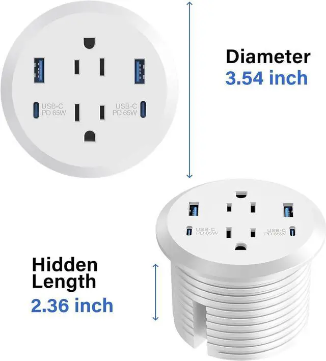 Alt view image 7 of 7 - Desktop Power Grommet, 65W USB C Fast Charging Port, Flush Mount Recessed Power Strip 3-inch Hole,2 Outlets,4 USB Ports, Countertop Outlet (White, 65W USB Port)