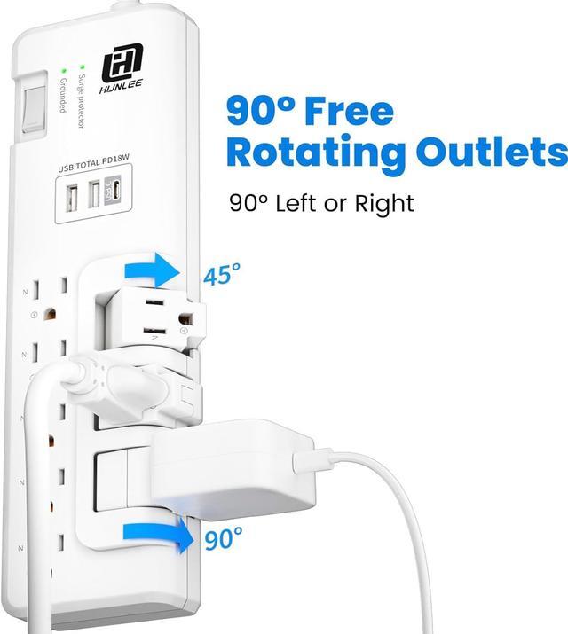 Alt view image 2 of 7 - USB Power Strip Surge Protector - with Rotating Outlets, 3 Roating & 5 Standard Outlets, 2300J Surge Protection, 3 USB Ports (1 USB C), Flat Plug, 14AWG 6FT Extension Cord, PD 18W Fast Charging
