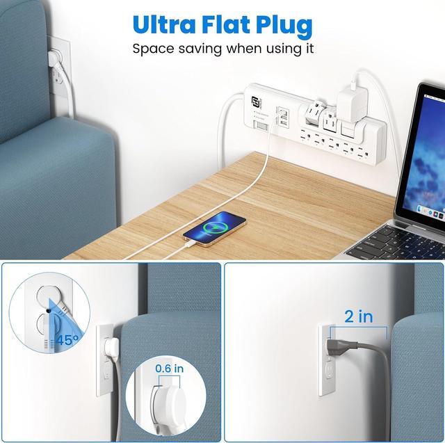 Alt view image 3 of 7 - USB Power Strip Surge Protector - with Rotating Outlets, 3 Roating & 5 Standard Outlets, 2300J Surge Protection, 3 USB Ports (1 USB C), Flat Plug, 14AWG 6FT Extension Cord, PD 18W Fast Charging