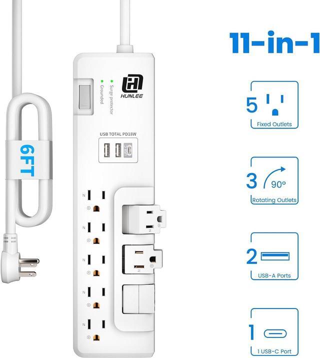 Alt view image 5 of 7 - USB Power Strip Surge Protector - with Rotating Outlets, 3 Roating & 5 Standard Outlets, 2300J Surge Protection, 3 USB Ports (1 USB C), Flat Plug, 14AWG 6FT Extension Cord, PD 18W Fast Charging