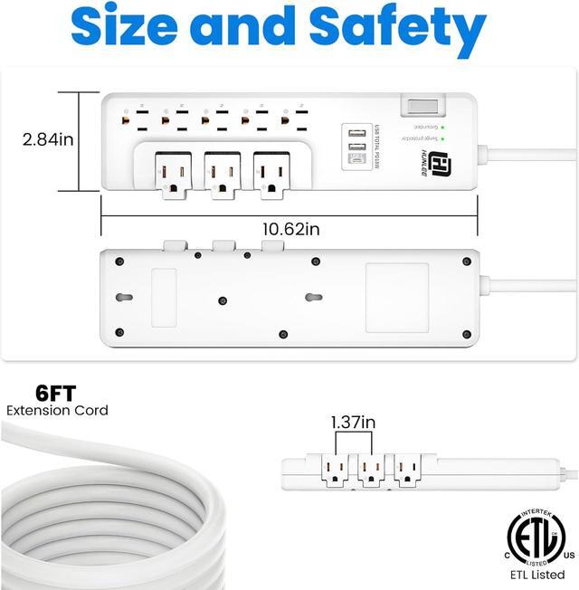 Alt view image 7 of 7 - USB Power Strip Surge Protector - with Rotating Outlets, 3 Roating & 5 Standard Outlets, 2300J Surge Protection, 3 USB Ports (1 USB C), Flat Plug, 14AWG 6FT Extension Cord, PD 18W Fast Charging