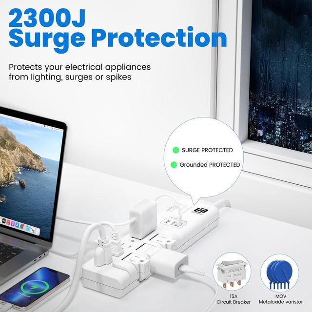 Alt view image 6 of 7 - USB Power Strip Surge Protector - with Rotating Outlets, 3 Roating & 5 Standard Outlets, 2300J Surge Protection, 3 USB Ports (1 USB C), Flat Plug, 14AWG 6FT Extension Cord, PD 18W Fast Charging