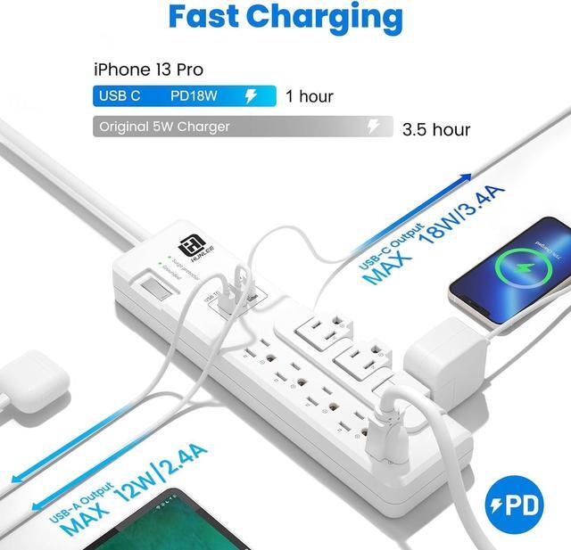 Alt view image 4 of 7 - USB Power Strip Surge Protector - with Rotating Outlets, 3 Roating & 5 Standard Outlets, 2300J Surge Protection, 3 USB Ports (1 USB C), Flat Plug, 14AWG 6FT Extension Cord, PD 18W Fast Charging