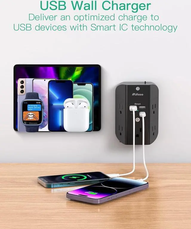 Alt view image 3 of 7 - Surge Protector Outlet Extender with Night Light, 5-Outlet Splitter and 4 USB Ports (2 USB C Charger), Multi Plug Wall Outlet for Home, Dorm Room Essentials