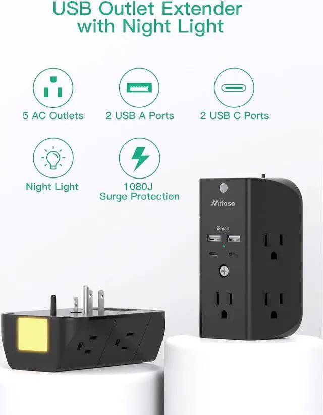 Alt view image 7 of 7 - Surge Protector Outlet Extender with Night Light, 5-Outlet Splitter and 4 USB Ports (2 USB C Charger), Multi Plug Wall Outlet for Home, Dorm Room Essentials
