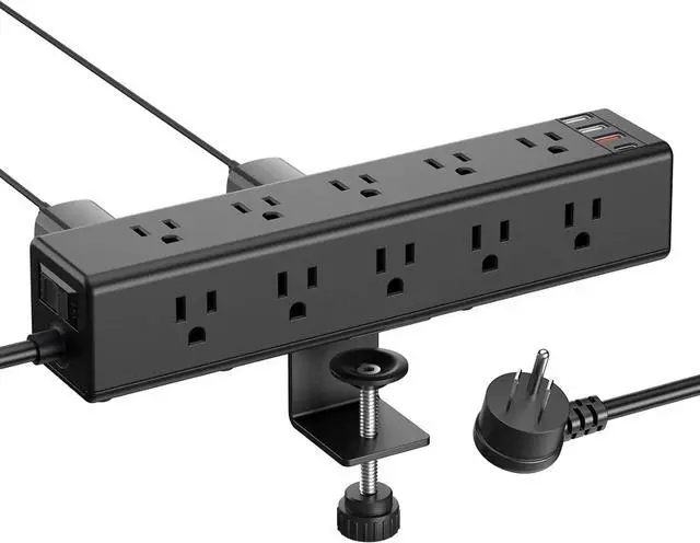 Main image of CCCEI Standing Desk Clamp Power Strip with 15 Outlets, Widely Spaced Desktop Edge Mount Surge Protector Outlet, Fast Charging USB-A and USB-C Ports, 6 FT Flat Plug, Black Fit 1.6 inch Table top.