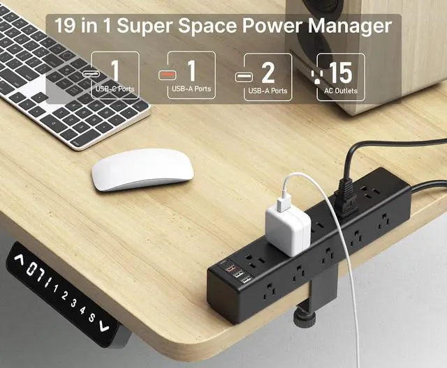 Alt view image 2 of 7 - CCCEI Standing Desk Clamp Power Strip with 15 Outlets, Widely Spaced Desktop Edge Mount Surge Protector Outlet, Fast Charging USB-A and USB-C Ports, 6 FT Flat Plug, Black Fit 1.6 inch Table top.