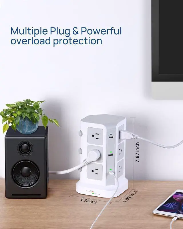 Alt view image 4 of 7 - KOOSLA Dual 20W USB-C Power Strip Tower, Surge Protector Power Strip, Power Tower with USB Ports and Widely Spaced AC Outlets,1875W/15A, Charging Tower with 6.5ft Heavy-Duty Extension Cord White