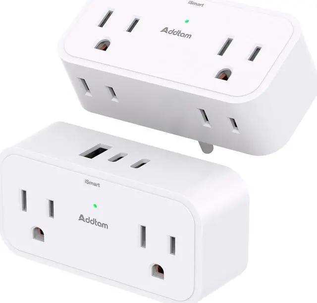 Main image of 2 Pack Outlet Extender Multi Plug Outlet - Addtam 4 AC Outlets 3 USB Wall Charger (2 USB C), 3 Sided Multiple Plug Adapter No Surge Protector for Cruise Ship Home Office Dorm Room Travel Essentials