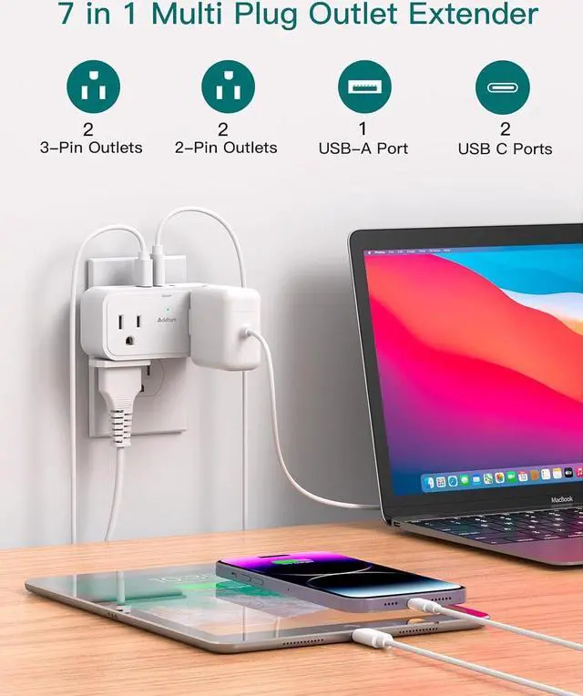 Alt view image 2 of 7 - 2 Pack Outlet Extender Multi Plug Outlet - Addtam 4 AC Outlets 3 USB Wall Charger (2 USB C), 3 Sided Multiple Plug Adapter No Surge Protector for Cruise Ship Home Office Dorm Room Travel Essentials