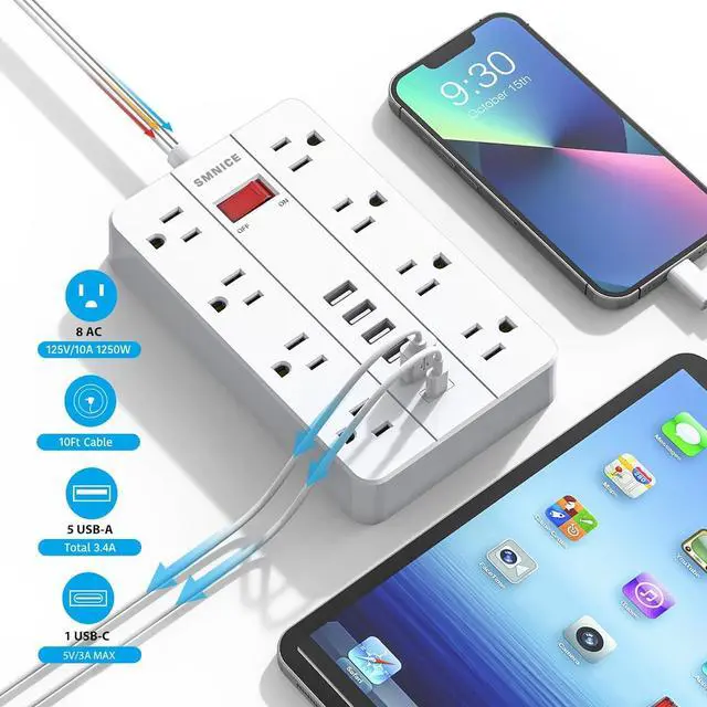 Alt view image 3 of 7 - Power Strip Surge Protector, SMNICE Flat Plug Long Extension Cord 10 Ft with 8 Widely Spaced Outlets 6USB(1 USB C) Charging Station, Wall Mount for Dorm Home, Office Accessories,White