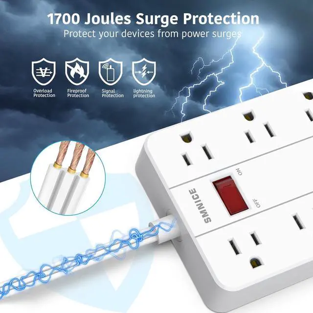 Alt view image 5 of 7 - Power Strip Surge Protector, SMNICE Flat Plug Long Extension Cord 10 Ft with 8 Widely Spaced Outlets 6USB(1 USB C) Charging Station, Wall Mount for Dorm Home, Office Accessories,White