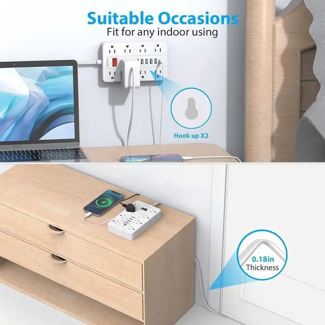 Alt view image 6 of 7 - Power Strip Surge Protector, SMNICE Flat Plug Long Extension Cord 10 Ft with 8 Widely Spaced Outlets 6USB(1 USB C) Charging Station, Wall Mount for Dorm Home, Office Accessories,White