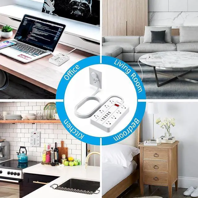 Alt view image 7 of 7 - Power Strip Surge Protector, SMNICE Flat Plug Long Extension Cord 10 Ft with 8 Widely Spaced Outlets 6USB(1 USB C) Charging Station, Wall Mount for Dorm Home, Office Accessories,White