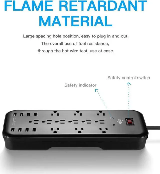 Alt view image 3 of 7 - KMC 12-Outlet Surge Protector Power Strip with 8 USB Charging Ports (5V/10A), 2500J,6-Foot Cord