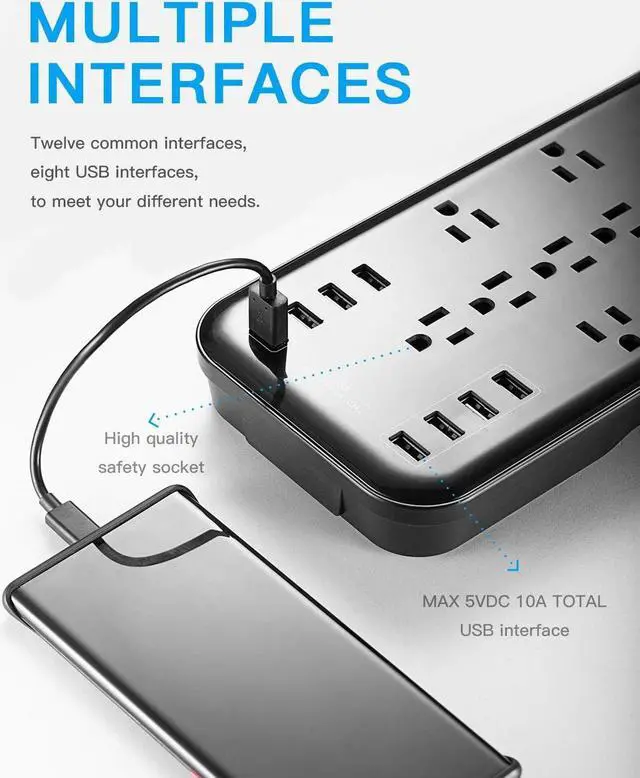 Alt view image 4 of 7 - KMC 12-Outlet Surge Protector Power Strip with 8 USB Charging Ports (5V/10A), 2500J,6-Foot Cord
