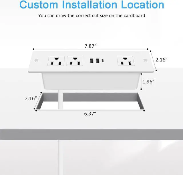 Alt view image 6 of 6 - HEZI Recessed Power Strip, Furniture Drawer Outlet with 20W PD USB-C & 18W QC3.0 USB-A, Plug in 3 Outlets & USB Ports, Flush Mount 6FT White Extension Cord Conference Desk Outlets