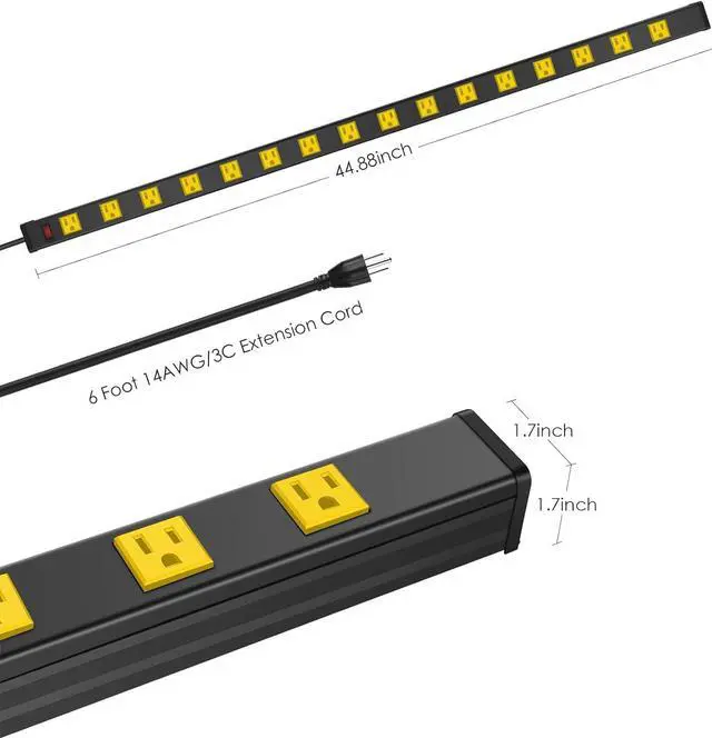 Alt view image 3 of 7 - JUNNUJ Long Metal 16 Outlet Power Strip, Wide Spaced Garage Industrial Power Strip, Heavy Duty Power Strip with 6 FT Cord 15A, 125V, 1875W. Yellow