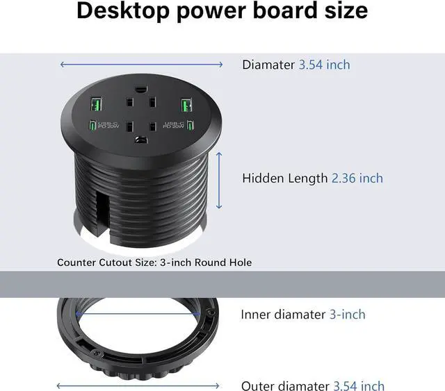 Alt view image 4 of 7 - Desktop Power Grommet 3-inch Hole,40W Total Fast Charging Station, 2 PD 20W USB C Port,Flush-Mount Recessed Power Strip, 2 AC Outlets,4 USB Ports,in to The Top of Your Desk,6ft Cord