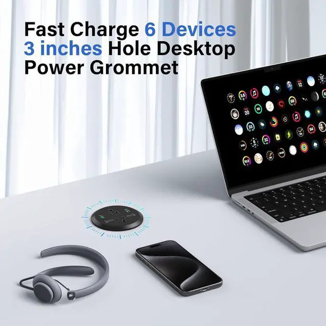 Alt view image 2 of 7 - Desktop Power Grommet 3-inch Hole,40W Total Fast Charging Station, 2 PD 20W USB C Port,Flush-Mount Recessed Power Strip, 2 AC Outlets,4 USB Ports,in to The Top of Your Desk,6ft Cord