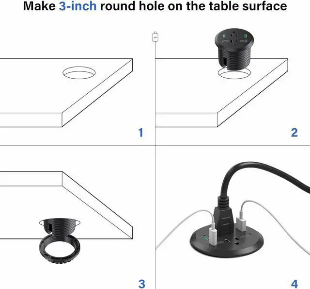 Alt view image 6 of 7 - Desktop Power Grommet 3-inch Hole,40W Total Fast Charging Station, 2 PD 20W USB C Port,Flush-Mount Recessed Power Strip, 2 AC Outlets,4 USB Ports,in to The Top of Your Desk,6ft Cord