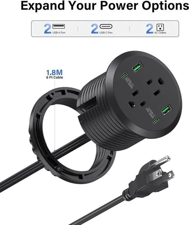 Alt view image 7 of 7 - Desktop Power Grommet 3-inch Hole,40W Total Fast Charging Station, 2 PD 20W USB C Port,Flush-Mount Recessed Power Strip, 2 AC Outlets,4 USB Ports,in to The Top of Your Desk,6ft Cord