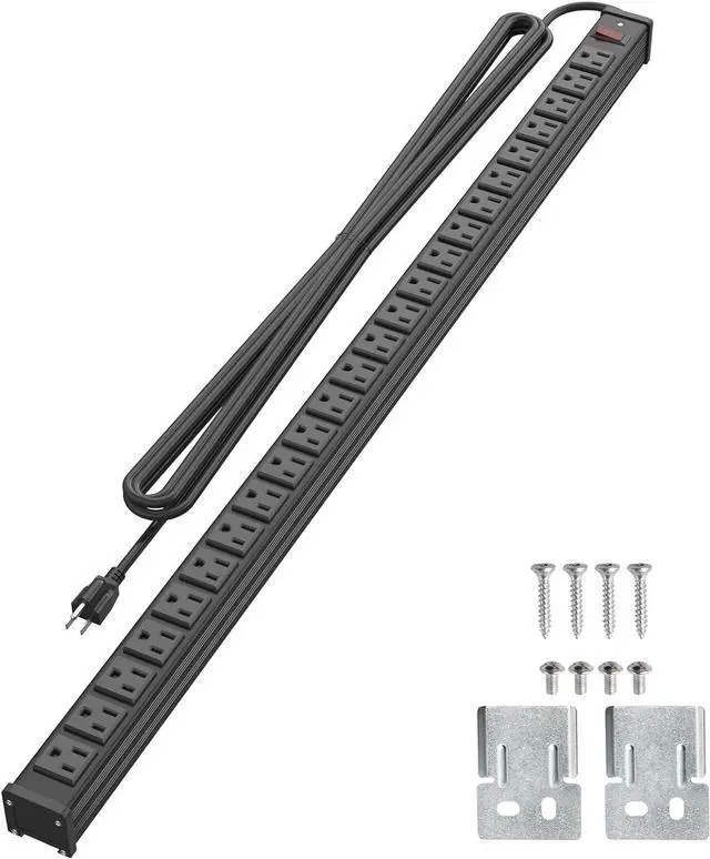 Main image of 24 Outlet Metal Power Strip, Extra Long Heavy Duty Power Strip with 10FT Extension Cord, Mountable Power Strip for Warehouse Garage Workench, ETL Listed, Black