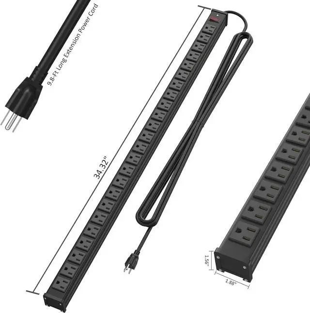 Alt view image 7 of 7 - 24 Outlet Metal Power Strip, Extra Long Heavy Duty Power Strip with 10FT Extension Cord, Mountable Power Strip for Warehouse Garage Workench, ETL Listed, Black