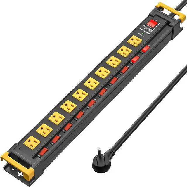 Main image of 10 Outlet Heavy Duty Long Power Strip with Individual Switches,3300J Surge Protector Power Strip,6FT Cord Management, Wall Mount, Wide-Spaced, ETL Listed (15A/1875W)