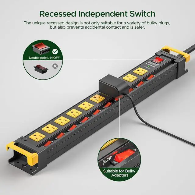 Alt view image 2 of 7 - 10 Outlet Heavy Duty Long Power Strip with Individual Switches,3300J Surge Protector Power Strip,6FT Cord Management, Wall Mount, Wide-Spaced, ETL Listed (15A/1875W)