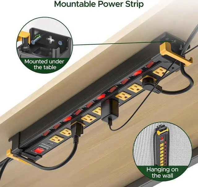 Alt view image 3 of 7 - 10 Outlet Heavy Duty Long Power Strip with Individual Switches,3300J Surge Protector Power Strip,6FT Cord Management, Wall Mount, Wide-Spaced, ETL Listed (15A/1875W)