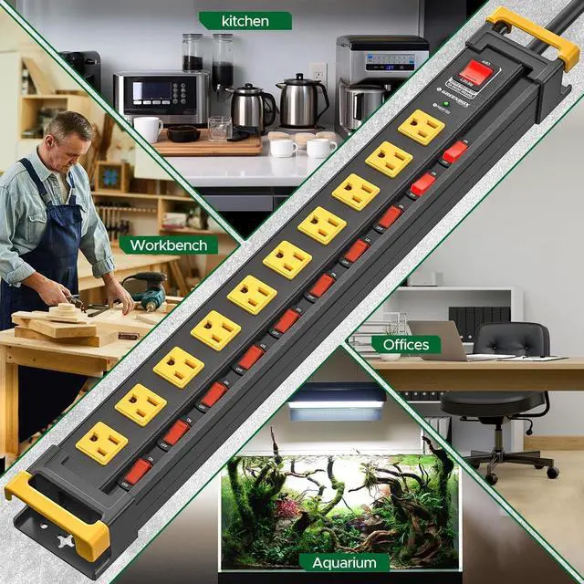 Alt view image 7 of 7 - 10 Outlet Heavy Duty Long Power Strip with Individual Switches,3300J Surge Protector Power Strip,6FT Cord Management, Wall Mount, Wide-Spaced, ETL Listed (15A/1875W)