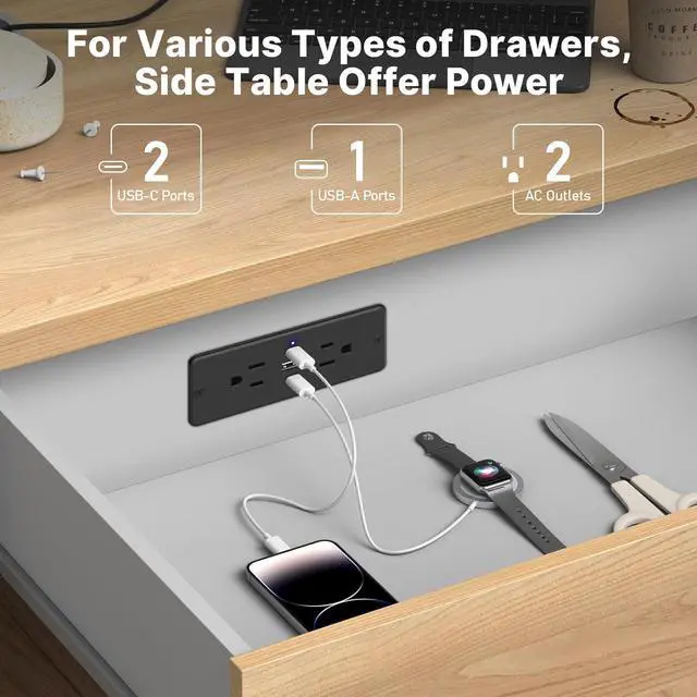Alt view image 2 of 7 - CCCEI Recessed Power Strip with Outlet and USB C Ports, Furniture Flush Mount Power Strip, Small Desk Hidden Outlet for Conference Table, Nightstand, Black, 6FT.