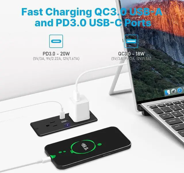 Alt view image 3 of 7 - CCCEI Recessed Power Strip with Outlet and USB C Ports, Furniture Flush Mount Power Strip, Small Desk Hidden Outlet for Conference Table, Nightstand, Black, 6FT.