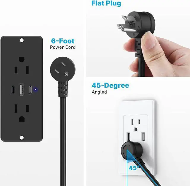 Alt view image 4 of 7 - CCCEI Recessed Power Strip with Outlet and USB C Ports, Furniture Flush Mount Power Strip, Small Desk Hidden Outlet for Conference Table, Nightstand, Black, 6FT.