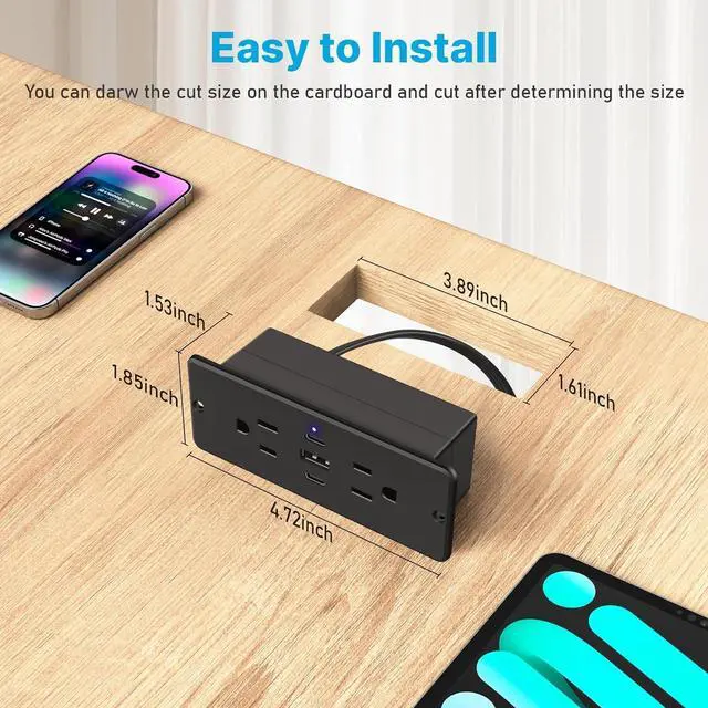 Alt view image 5 of 7 - CCCEI Recessed Power Strip with Outlet and USB C Ports, Furniture Flush Mount Power Strip, Small Desk Hidden Outlet for Conference Table, Nightstand, Black, 6FT.