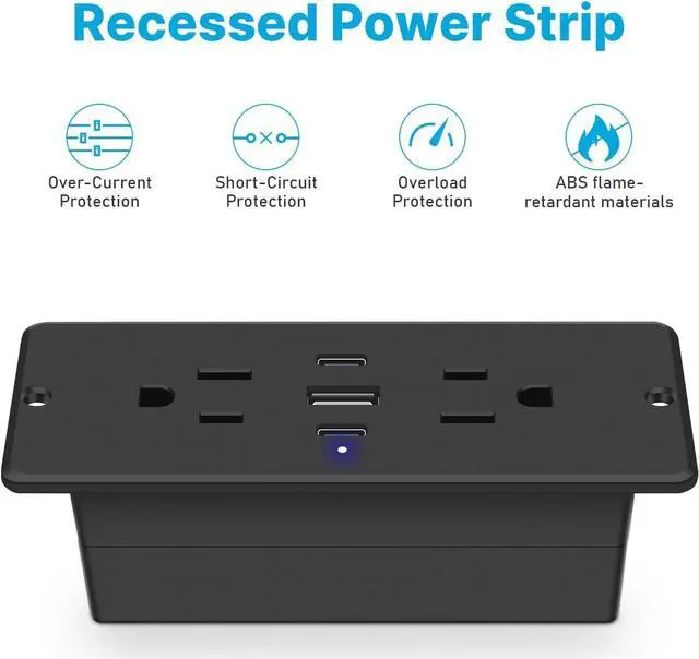 Alt view image 7 of 7 - CCCEI Recessed Power Strip with Outlet and USB C Ports, Furniture Flush Mount Power Strip, Small Desk Hidden Outlet for Conference Table, Nightstand, Black, 6FT.