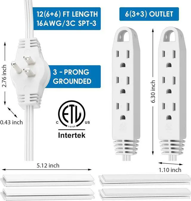 Alt view image 7 of 7 - K KASONIC 3 Prong 12 Feet Twin Extension Cord Power Strip, 6 Feet on Each Side, Flat Head Outlet Plug, 6 Outlets, Double Extension Cord Splitter for Indoor Use, ETL Listed, White