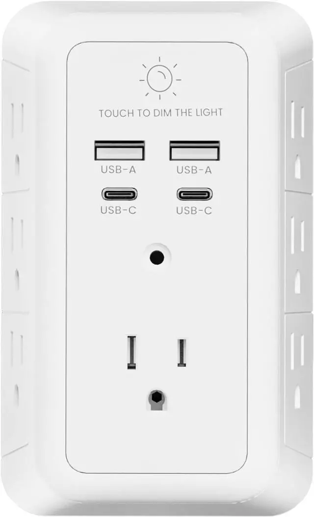 Main image of Wall Charger Surge Protector, Outlet Extender with Night Light, USB Wall Charger with 2 USB C and 2 USB Ports, 3-Sided Power Strip with Adapter Spaced Outlets for Home Office Travel, ETL Certified