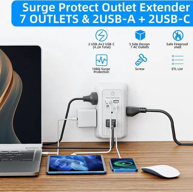 Alt view image 2 of 7 - Wall Charger Surge Protector, Outlet Extender with Night Light, USB Wall Charger with 2 USB C and 2 USB Ports, 3-Sided Power Strip with Adapter Spaced Outlets for Home Office Travel, ETL Certified