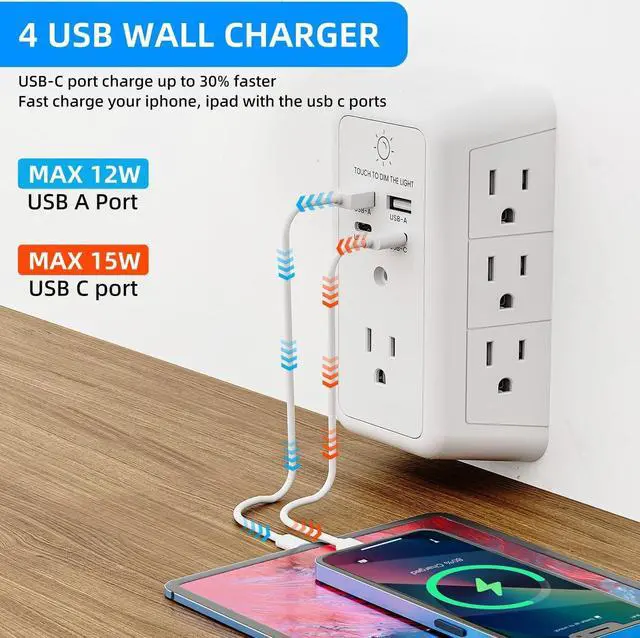 Alt view image 4 of 7 - Wall Charger Surge Protector, Outlet Extender with Night Light, USB Wall Charger with 2 USB C and 2 USB Ports, 3-Sided Power Strip with Adapter Spaced Outlets for Home Office Travel, ETL Certified