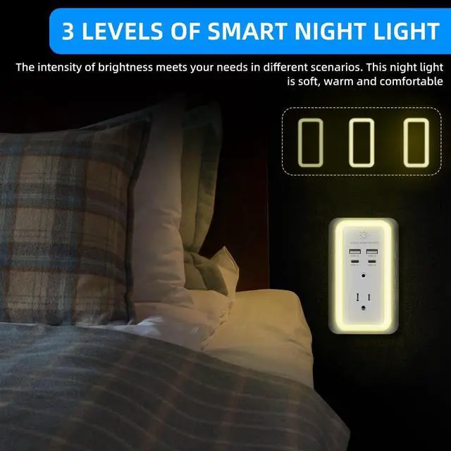 Alt view image 3 of 7 - Wall Charger Surge Protector, Outlet Extender with Night Light, USB Wall Charger with 2 USB C and 2 USB Ports, 3-Sided Power Strip with Adapter Spaced Outlets for Home Office Travel, ETL Certified